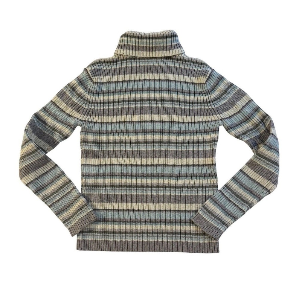 Vintage Striped Ribbed Turtleneck Sweater Blue Grey Cream Long Sleeve Sonoma